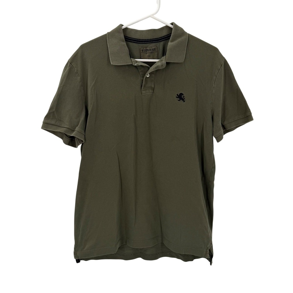 Express Mens L Olive Green Pique Cotton Polo Shirt Logo Preppy Casual Gorpcore